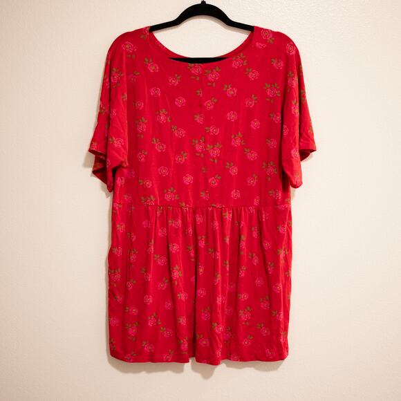 Gudren Sjoden Red Floral Print Babydoll Tunic Top Pocket Lagenlook SZ M - Picture 3 of 5
